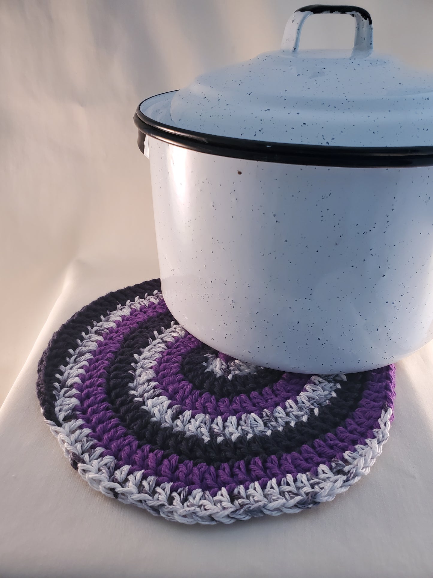 Handcrafted Spiral Cotton Hot Pad – Purple, Black, White, and Gray