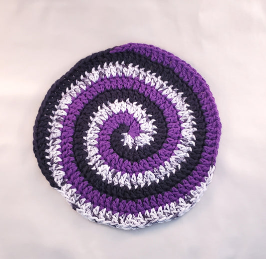 Handcrafted Spiral Cotton Hot Pad – Purple, Black, White, and Gray