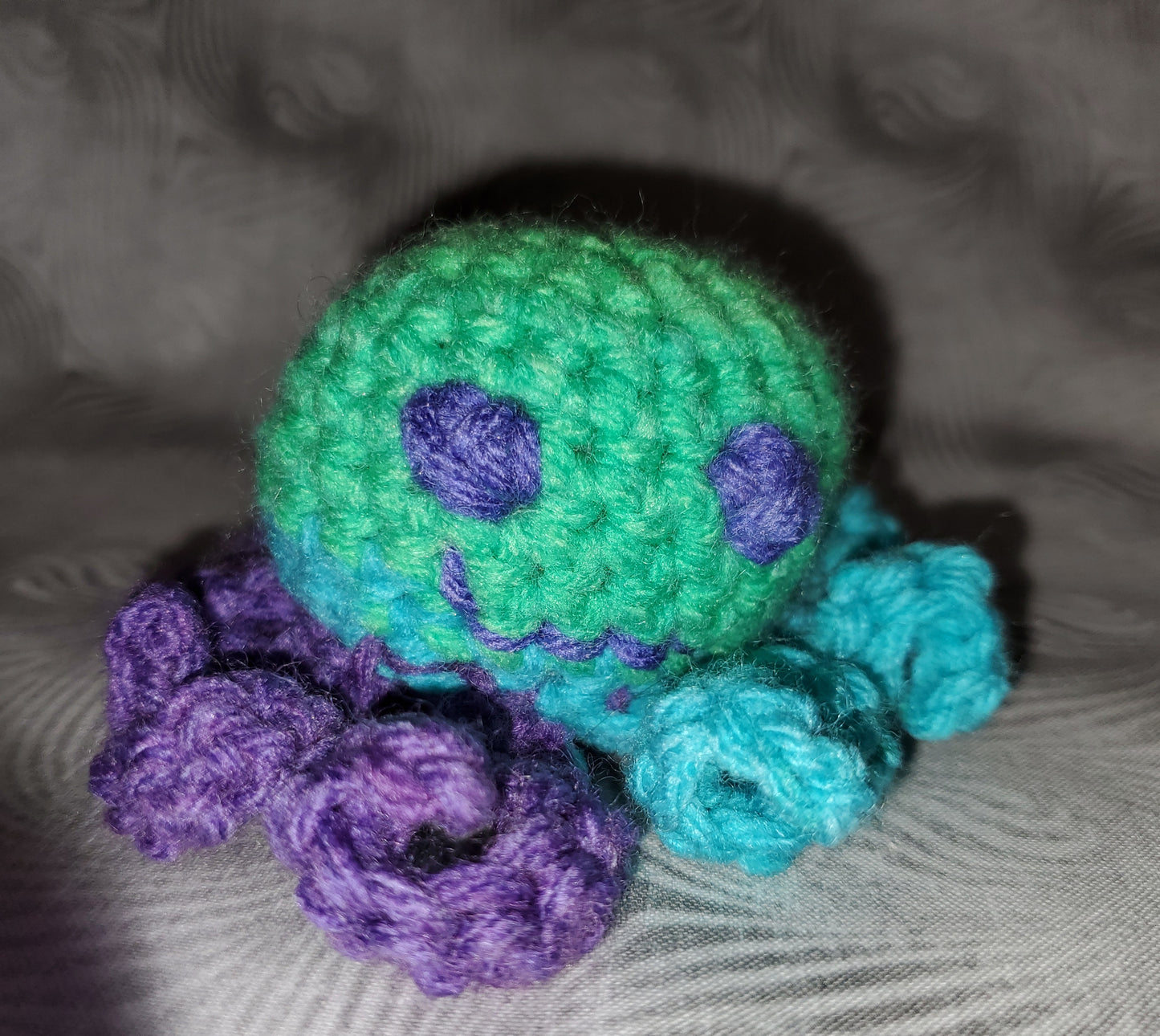 Bright Green Crochet Octopus with Blue and Purple Tentacles