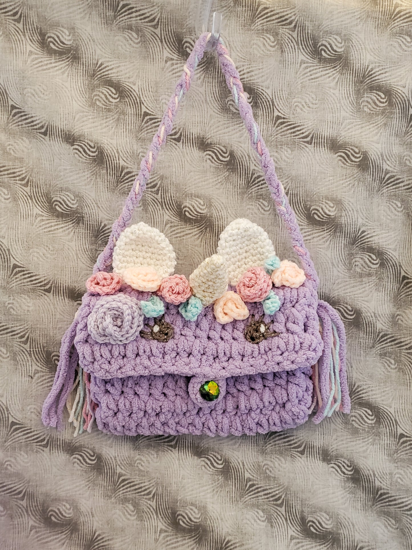 Lavender Unicorn Crochet Purse with Sparkly Horn and Floral Accents