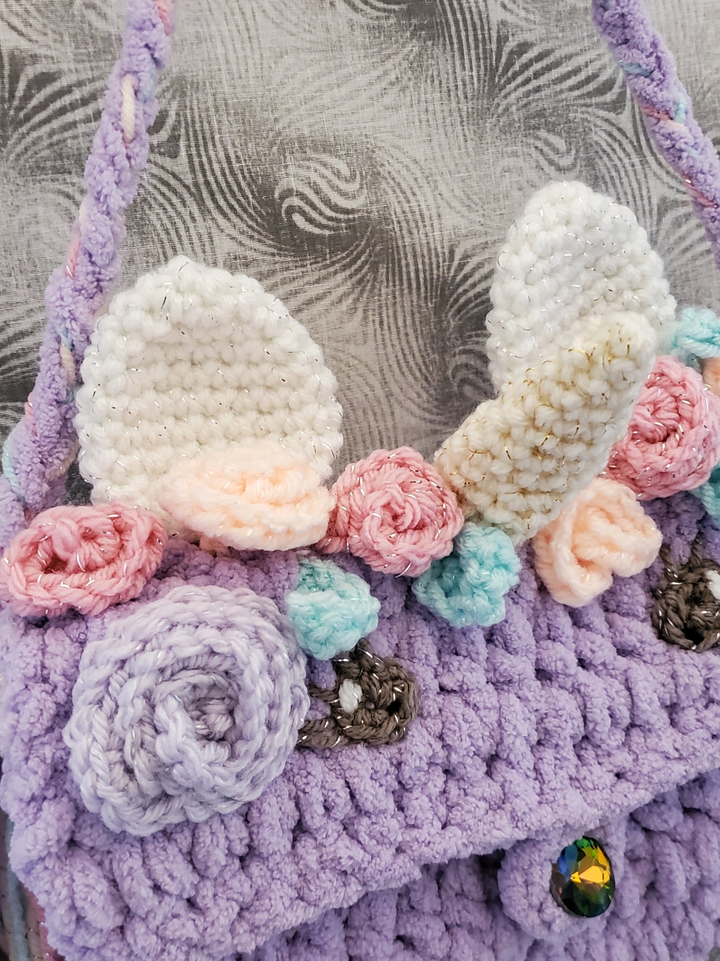 Lavender Unicorn Crochet Purse with Sparkly Horn and Floral Accents