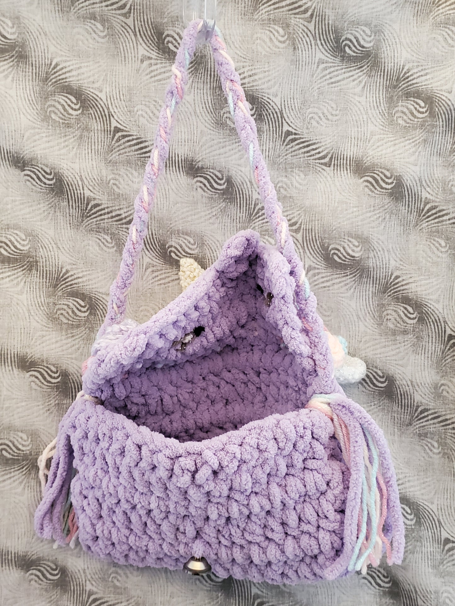 Lavender Unicorn Crochet Purse with Sparkly Horn and Floral Accents