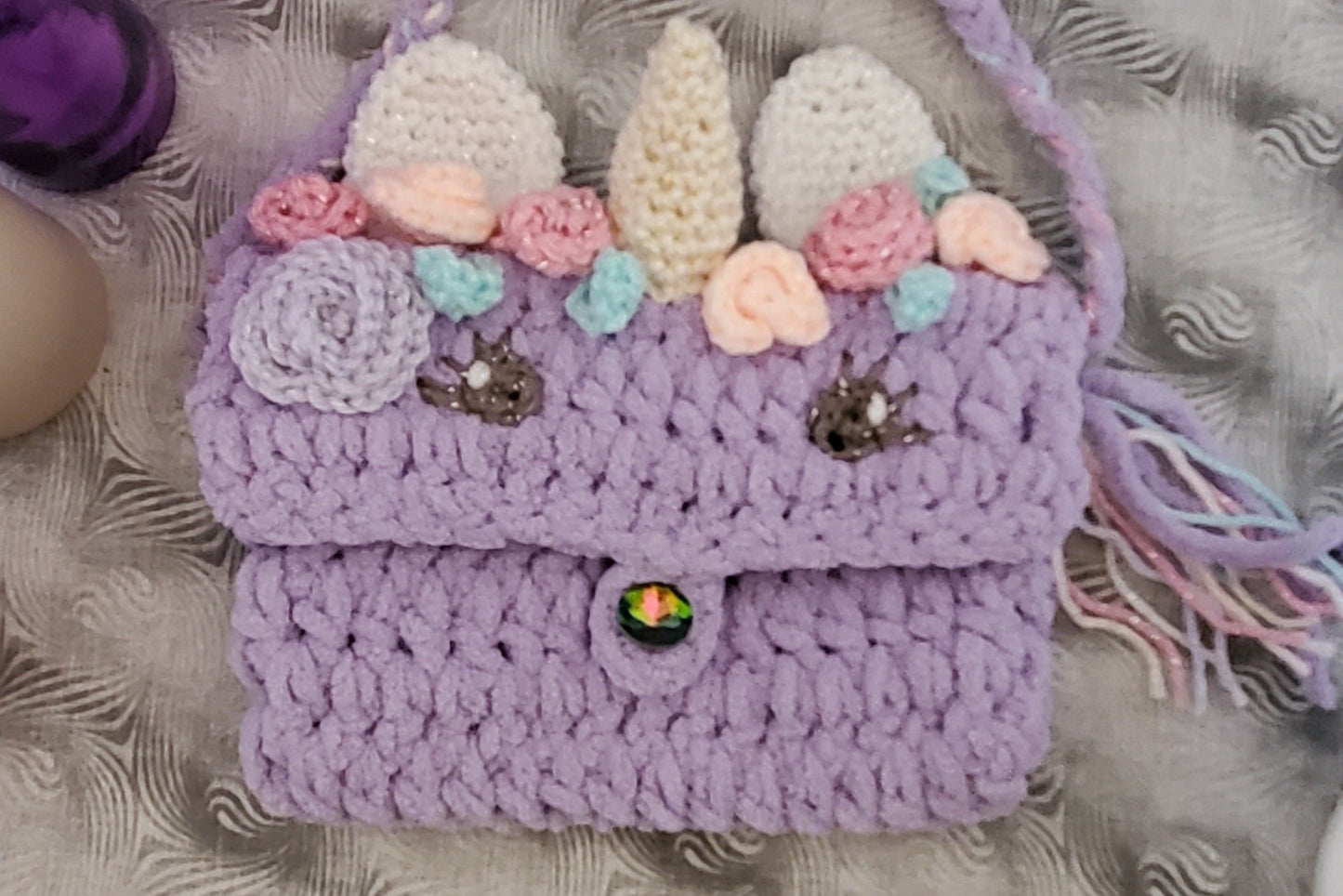 Lavender Unicorn Crochet Purse with Sparkly Horn and Floral Accents